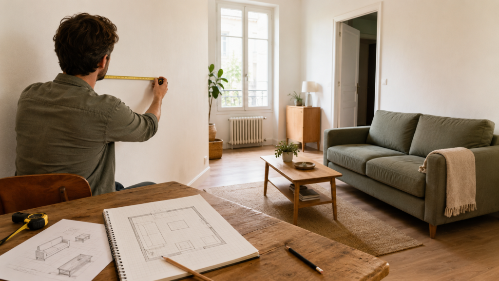 Prendre des mesures dans un petit salon afin de choisir les meubles adaptées